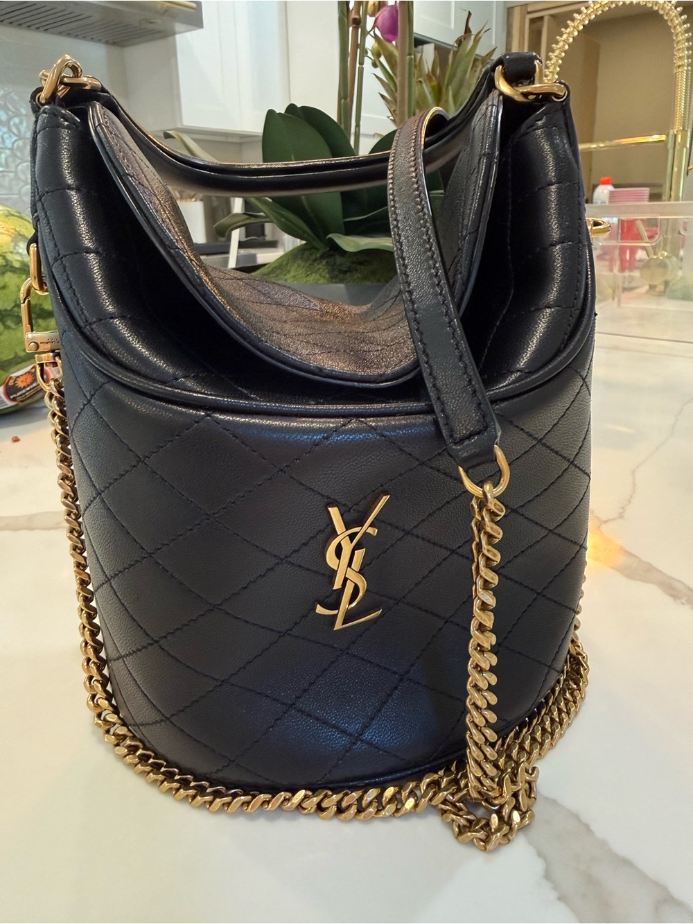 Yves Saint Laurent Black Quilted Mini Bucket Bag with Gold Hardware